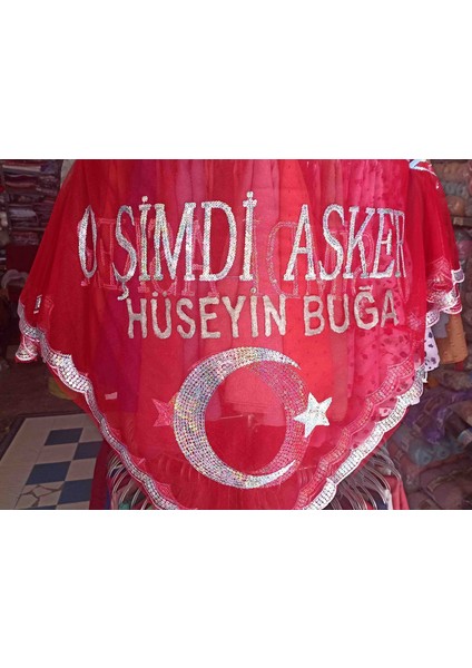 Kişiye Özel Isim Soyadlı Kırmızı Asker Şalı Kına Örtüsü Tirşe