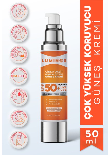 Premium Çinko Oksit Mineral Filtreli Spf 50+ Doğal Güneş Kremi 50 ml