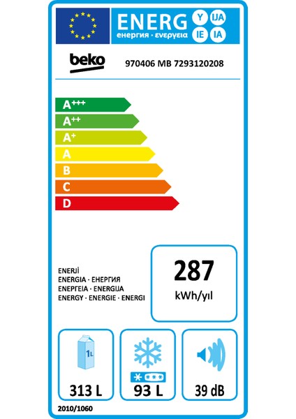 970406 MB E Enerji Sınıfı 406 L No Frost Buzdolabı