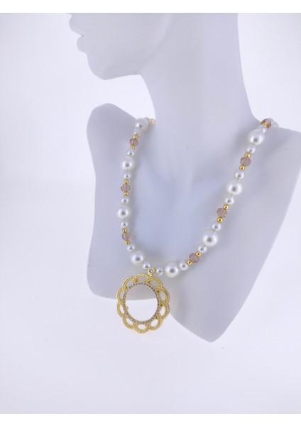 Yarım Altıntakmak Için Kolye Çiçek Model 54 cm Uzunluk.kaplama Inci+Kristal Boncuk Metaller Altın Kaplama