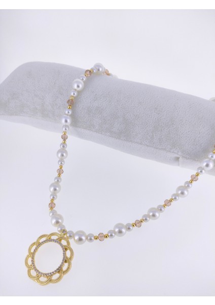 Yarım Altıntakmak Için Kolye Çiçek Model 54 cm Uzunluk.kaplama Inci+Kristal Boncuk Metaller Altın Kaplama