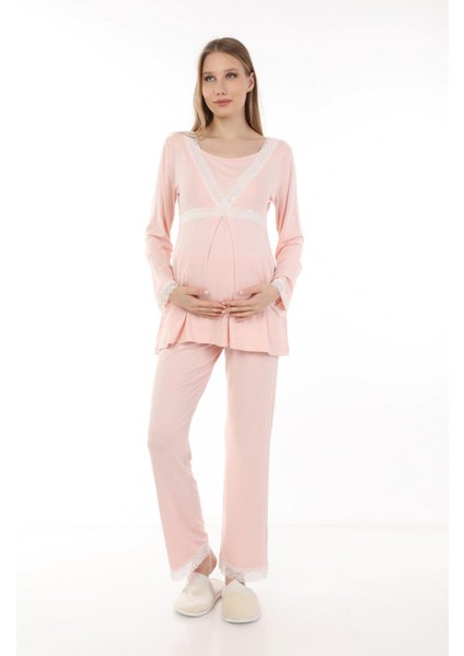 MYRA9706 Dantelli Emzirme Hamile Pijama Takımı -Pembe