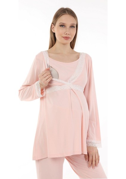 MYRA9706 Dantelli Emzirme Hamile Pijama Takımı -Pembe