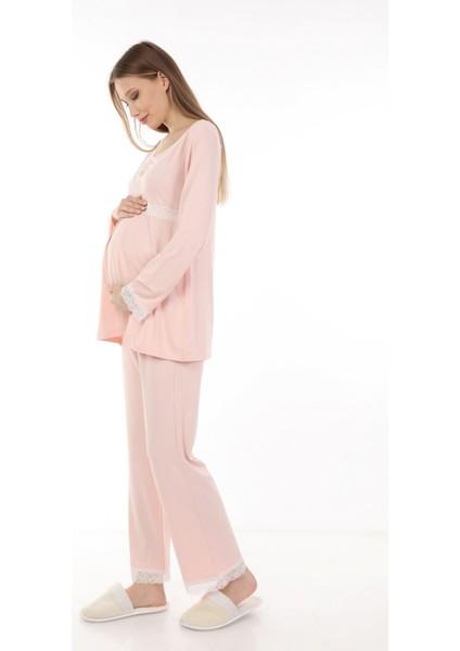 MYRA9706 Dantelli Emzirme Hamile Pijama Takımı -Pembe