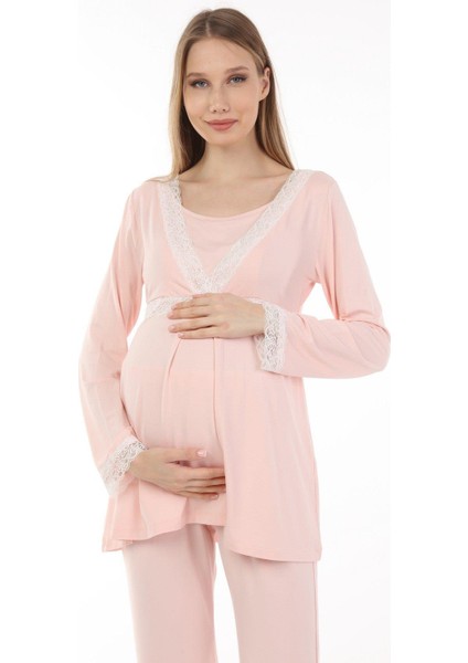 MYRA9706 Dantelli Emzirme Hamile Pijama Takımı -Pembe