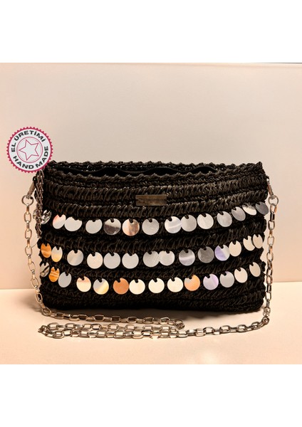 El Yapımı Kağıt Ip Clutch Çanta Aynalı 20CM -Siyah