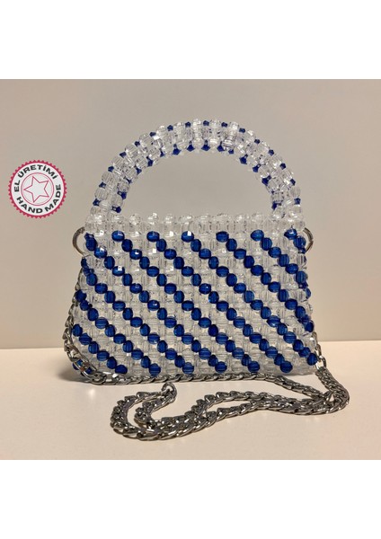 El Yapımı Şeffaf Kristal Boncuk Abiye Çanta 13CM - Beyaz / Mavi