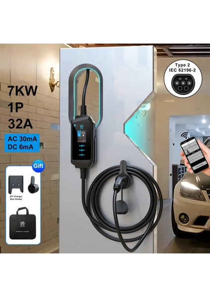 32A Tek Faz Tip 2 Şarj Kablosu 7kw 5m Ev Şarj Cihazı Elektrikli Araç Şarj Cihazı Taşınabilir Cee Fişli