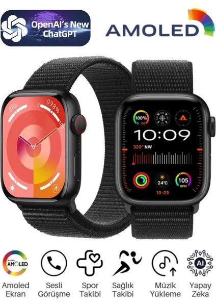 Watch 9 Promax Siyah 2GB Hafızalı Amoled Ekranlı Sesli Görüşmeli Android Akıllı Saat ChatGPT, Uygulama Mağazası, Spor Takibi, Gps, Android İos iPhone Huawei Uyumlu HW69 PROMAX