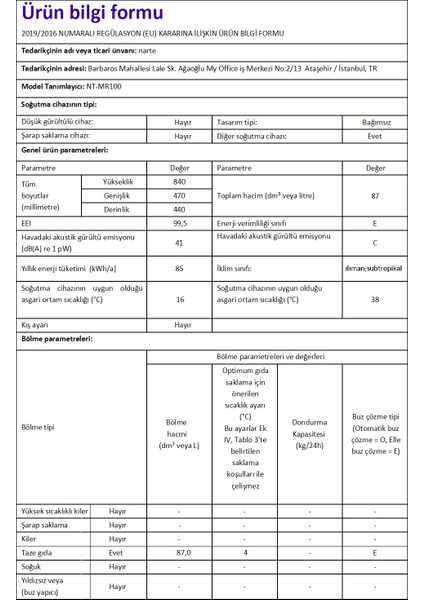 NT-MR100 E Enerji Sınıfı 93 lt Statik Mini Buzdolabı