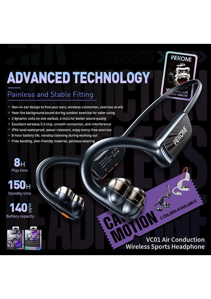 Wekome VC01 Açık Kulak Kulaklık Egzersiz Koşu Spor Salonu Çalışma Seyahati Için Kablosuz Bluetooth Hava Iletimli Kulaklık - Gri + Turuncu (Yurt Dışından)