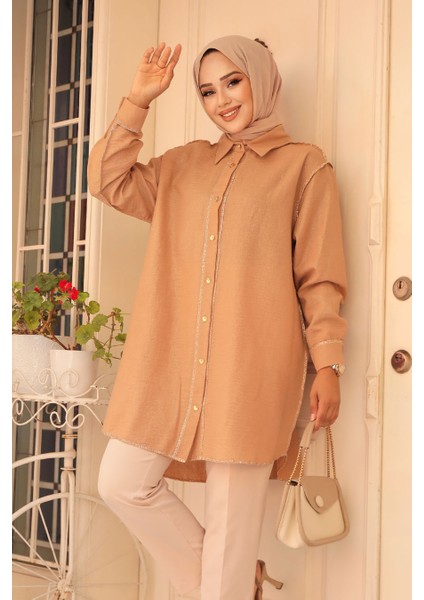 Neva Style Düğmeli Camel Tesettür Gömlek 10522C