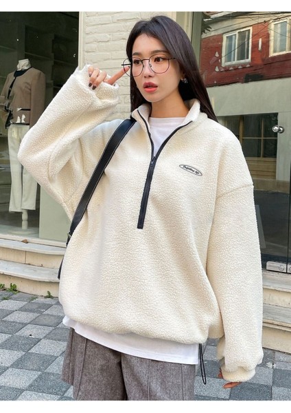 Kadın Ekru Fulfilling Life Baskılı Oversize Yarım Fermuarlı Yumuşak Dokulu Peluş Sweatshirt
