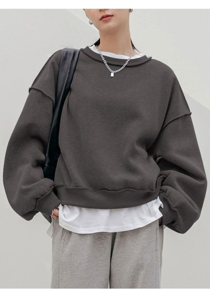 Kadın Gül Kurusu Dikiş Detaylı Bisiklet Yaka Sweatshirt