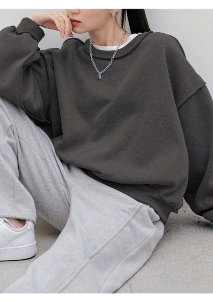 Kadın Gül Kurusu Dikiş Detaylı Bisiklet Yaka Sweatshirt