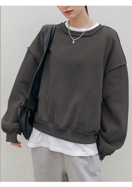 Kadın Gül Kurusu Dikiş Detaylı Bisiklet Yaka Sweatshirt