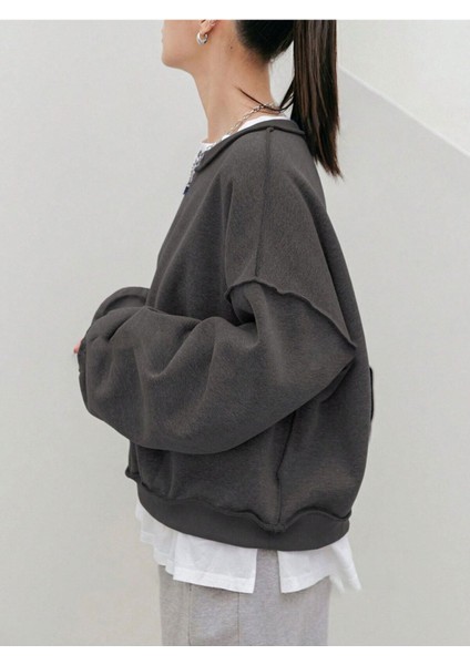 Kadın Gül Kurusu Dikiş Detaylı Bisiklet Yaka Sweatshirt
