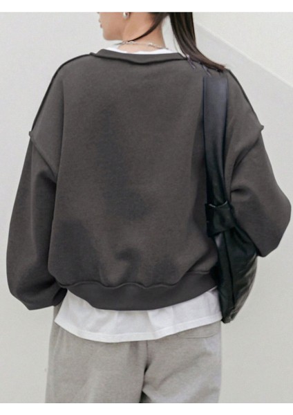 Kadın Gül Kurusu Dikiş Detaylı Bisiklet Yaka Sweatshirt