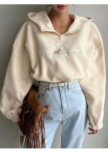 Kadın Bej Climbing Mountain Baskılı Oversize Yarım Fermuarlı Kapüşonlu Polar Sweatshirt