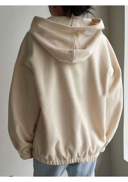 Kadın Bej Climbing Mountain Baskılı Oversize Yarım Fermuarlı Kapüşonlu Polar Sweatshirt