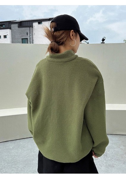 Kadın Haki Fulfilling Life Baskılı Oversize Yarım Fermuarlı Yumuşak Dokulu Peluş Sweatshirt