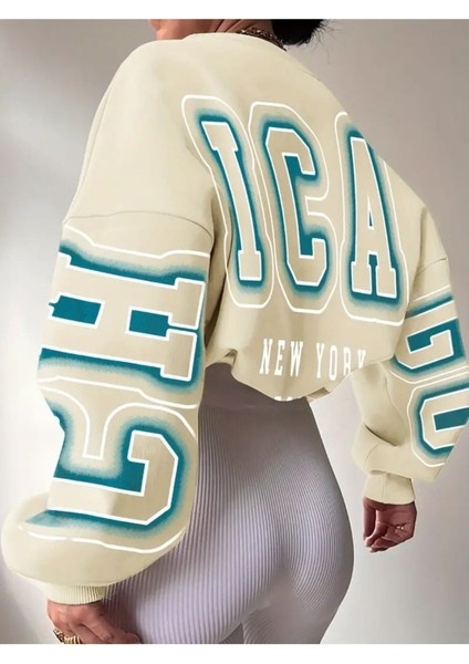 Kadın Bej Kolları Vivid Color Chicago Baskılı Oversize Bisiklet Yaka Sweatshirt