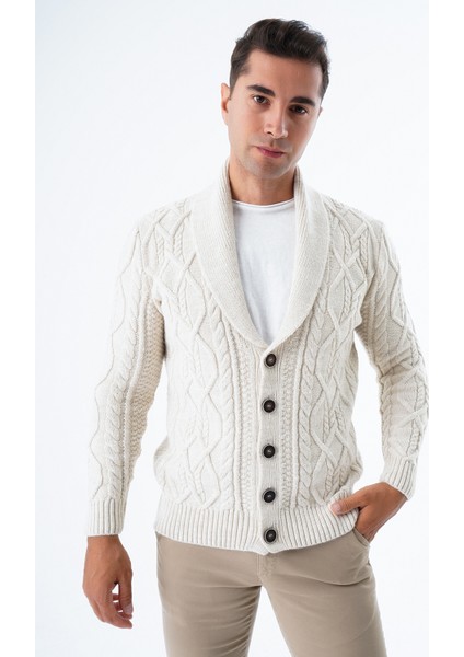 Erkek Bej Şal Yaka Yürütme Saç Örgülü Düğmeli Yün Triko Örme Hırka TRIST-5341