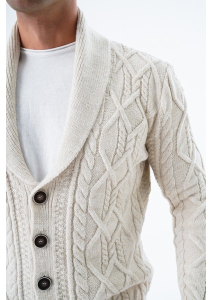 Erkek Bej Şal Yaka Yürütme Saç Örgülü Düğmeli Yün Triko Örme Hırka TRIST-5341 indirimleri