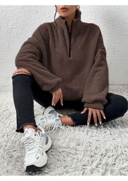 Kadın Kahverengi Düz Oversize Yarım Fermuarlı Yumuşak Dokulu Peluş Sweatshirt