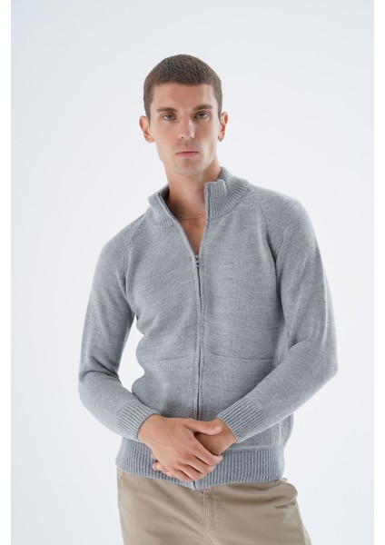 Erkek Gri Dik Yaka Fermuarlı Düz Cepli Yün Triko Örme Hırka TRIST-5335