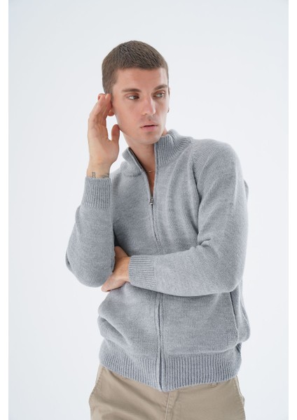 Erkek Gri Dik Yaka Fermuarlı Düz Cepli Yün Triko Örme Hırka TRIST-5335 fiyatları