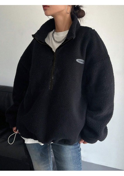 Kadın Siyah Fulfilling Life Baskılı Oversize Yarım Fermuarlı Yumuşak Dokulu Peluş Sweatshirt