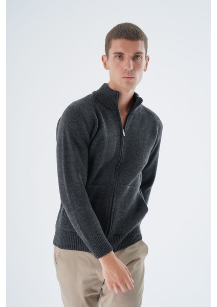 Erkek Antrasit Dik Yaka Fermuarlı Düz Cepli Yün Triko Örme Hırka TRIST-5335