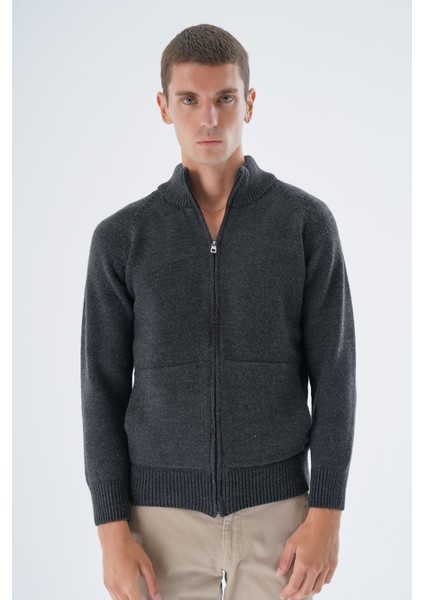 Erkek Antrasit Dik Yaka Fermuarlı Düz Cepli Yün Triko Örme Hırka TRIST-5335 fiyatları