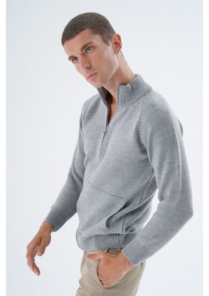 Erkek Gri Dik Yaka Fermuarlı Düz Cepli Yün Triko Örme Hırka TRIST-5335 indirimleri