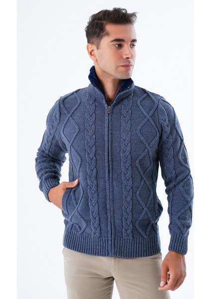 Erkek Indigo Yakası Kürklü Saç Örgü Yürütme Fermuarlı Cepli Yün Triko Örme Hırka TRIST-5329