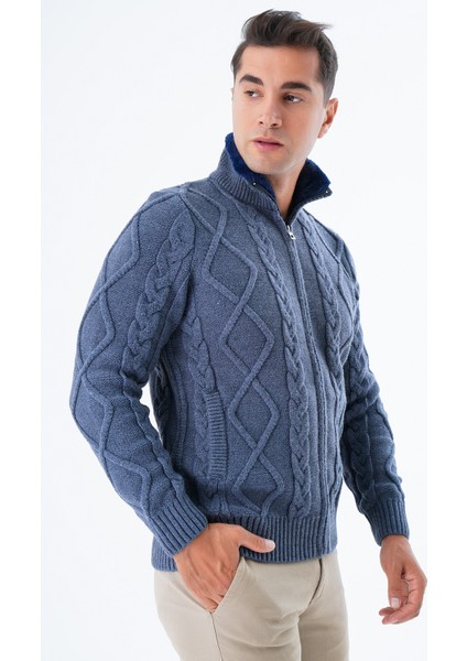 Erkek Indigo Yakası Kürklü Saç Örgü Yürütme Fermuarlı Cepli Yün Triko Örme Hırka TRIST-5329 fiyatları