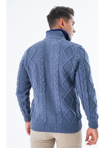 Erkek Indigo Yakası Kürklü Saç Örgü Yürütme Fermuarlı Cepli Yün Triko Örme Hırka TRIST-5329 modelleri