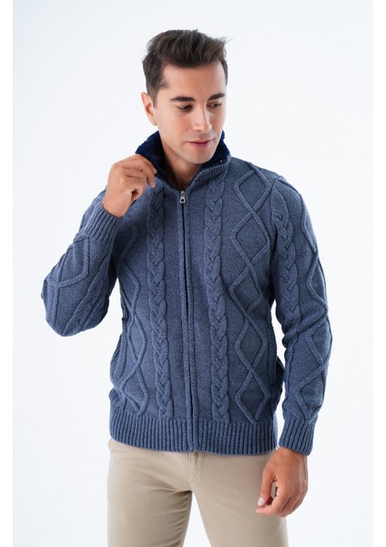 Erkek Indigo Yakası Kürklü Saç Örgü Yürütme Fermuarlı Cepli Yün Triko Örme Hırka TRIST-5329 fırsatları