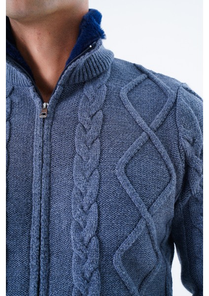 Erkek Indigo Yakası Kürklü Saç Örgü Yürütme Fermuarlı Cepli Yün Triko Örme Hırka TRIST-5329 indirimleri