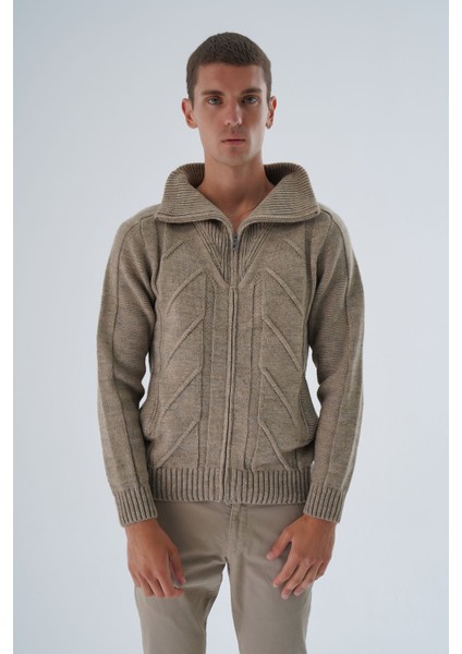 Erkek Vizon Kamyon Yaka Yürütme Örgülü Fermuarlı Cepli Yün Triko Örme Hırka TRIST-5331
