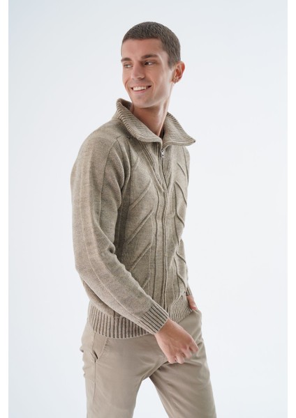 Erkek Vizon Kamyon Yaka Yürütme Örgülü Fermuarlı Cepli Yün Triko Örme Hırka TRIST-5331 fiyatları