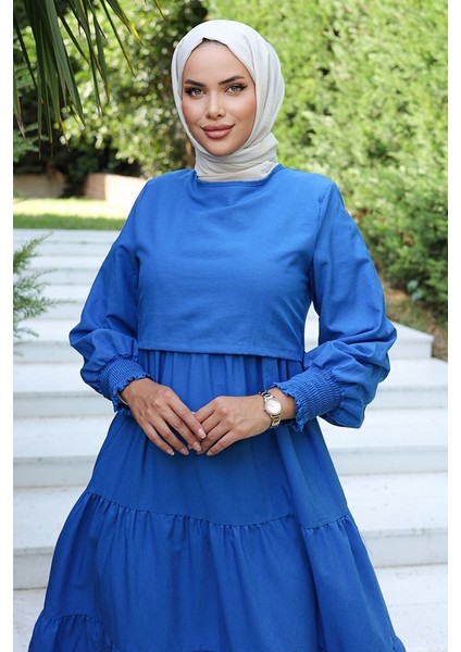 Tek Kat Detay Tesettür Elbise 1103- Saks Mavisi fiyatları