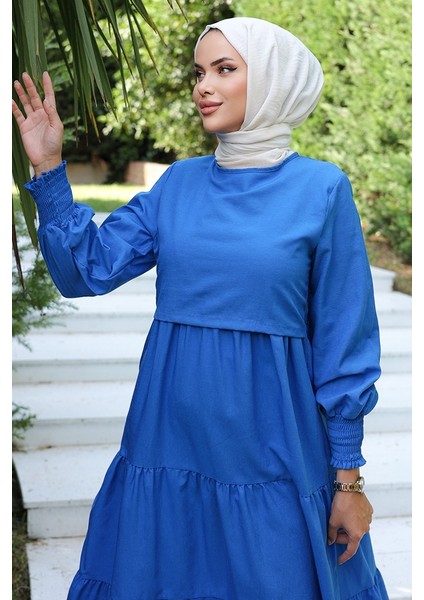 Tek Kat Detay Tesettür Elbise 1103- Saks Mavisi fırsatları