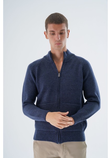 Erkek Lacivert Dik Yaka Fermuarlı Düz Cepli Yün Triko Örme Hırka TRIST-5335