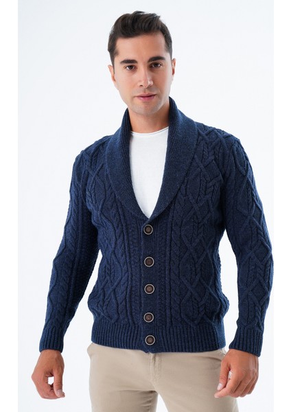 Erkek Lacivert Şal Yaka Yürütme Saç Örgülü Düğmeli Yün Triko Örme Hırka TRIST-5341