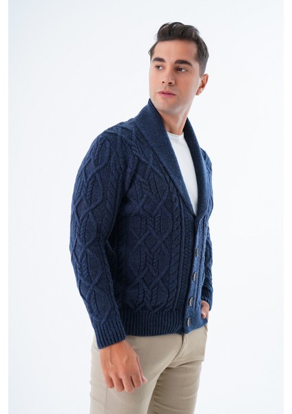 Erkek Lacivert Şal Yaka Yürütme Saç Örgülü Düğmeli Yün Triko Örme Hırka TRIST-5341 fiyatları