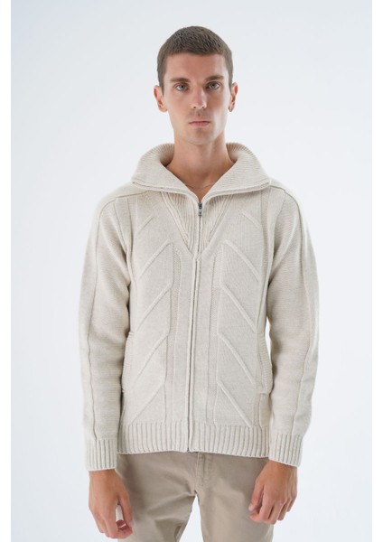 Erkek Bej Kamyon Yaka Yürütme Örgülü Fermuarlı Cepli Yün Triko Örme Hırka TRIST-5331
