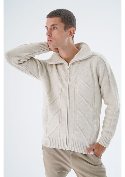 Erkek Bej Kamyon Yaka Yürütme Örgülü Fermuarlı Cepli Yün Triko Örme Hırka TRIST-5331 fiyatları