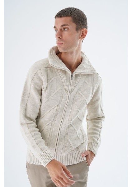 Erkek Bej Kamyon Yaka Yürütme Örgülü Fermuarlı Cepli Yün Triko Örme Hırka TRIST-5331 modelleri